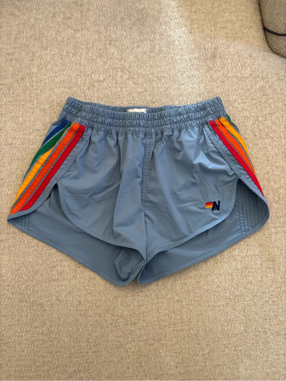 Aviator Nation Dusty Blue Athletic Shorts with Rainbow Side Stripes